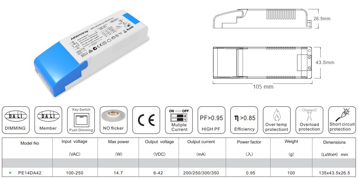 Driver DALI y PUSH multicorriente 9-42V 200 a 350 MA